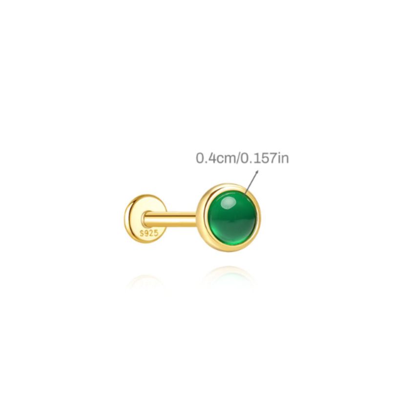 925 Silver New Set Gold Plating Green Natural Stone Stud Earrings 0.46g