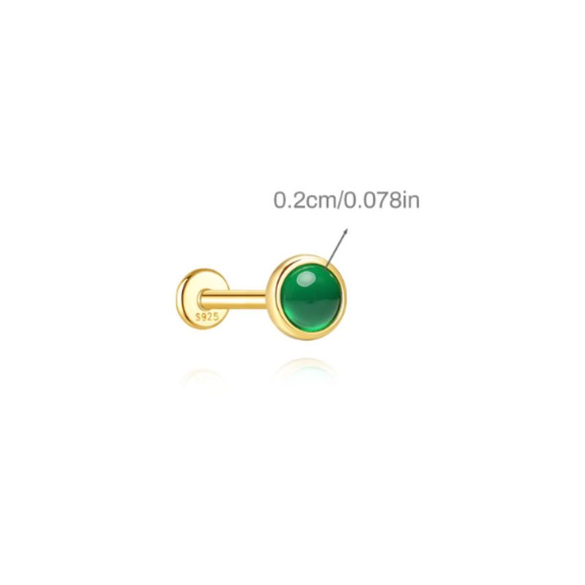 925 Silver New Set Gold Plating Green Natural Stone Stud Earrings 0.31g