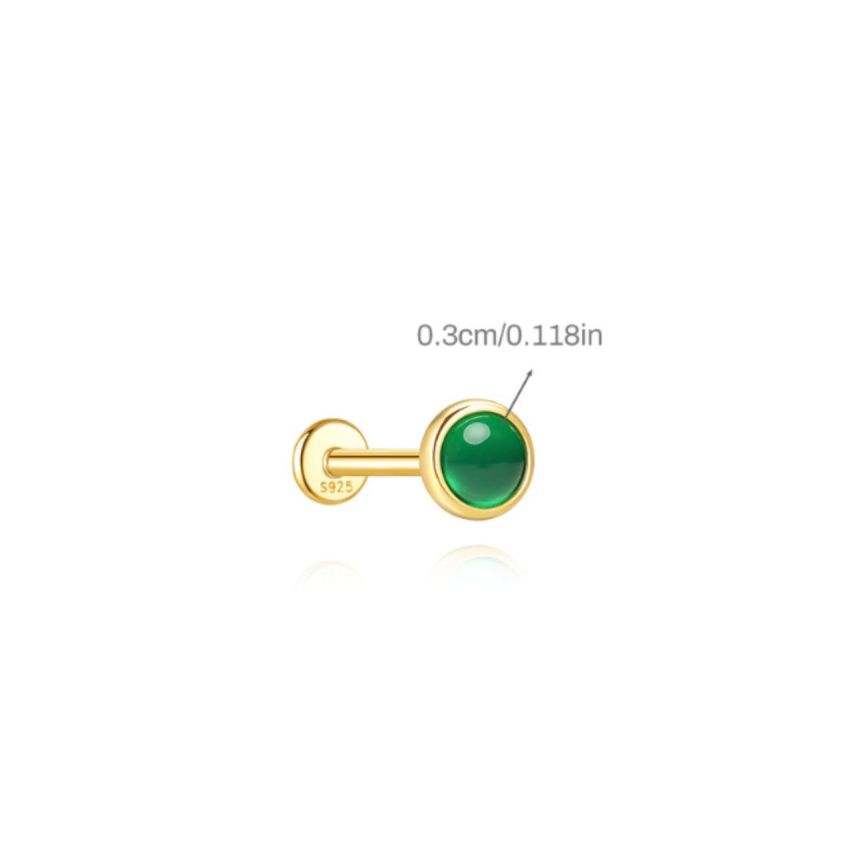 925 Silver New Set Gold Plating Green Natural Stone Stud Earrings 0.38g
