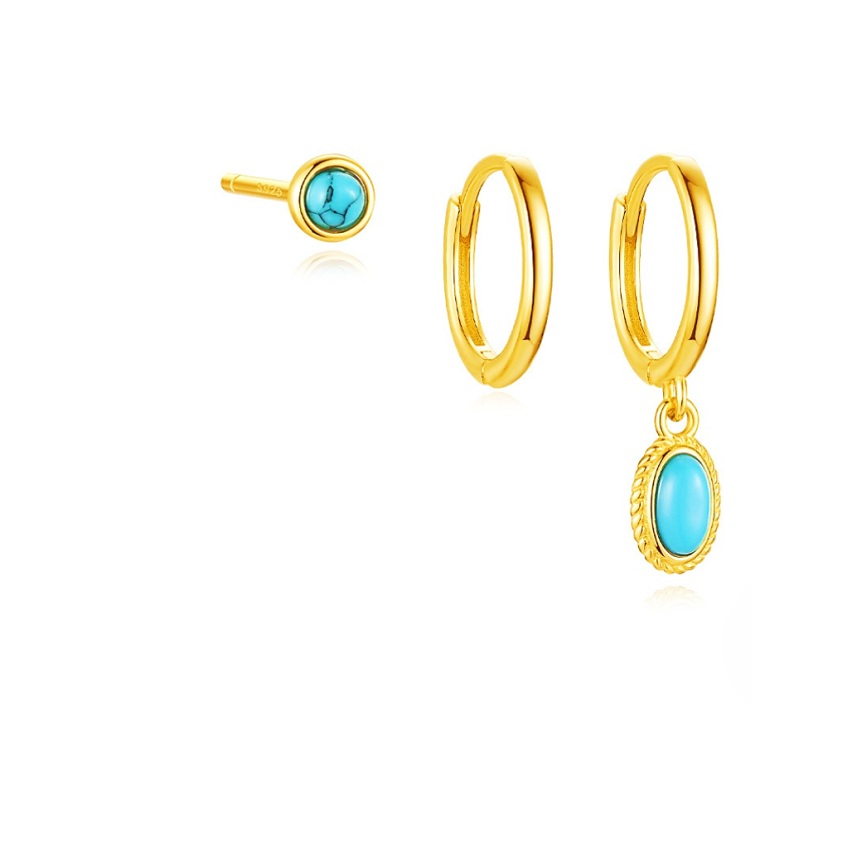 925 Silver New Gold Plating Lake blue Zircon Sets Earrings 1.5g