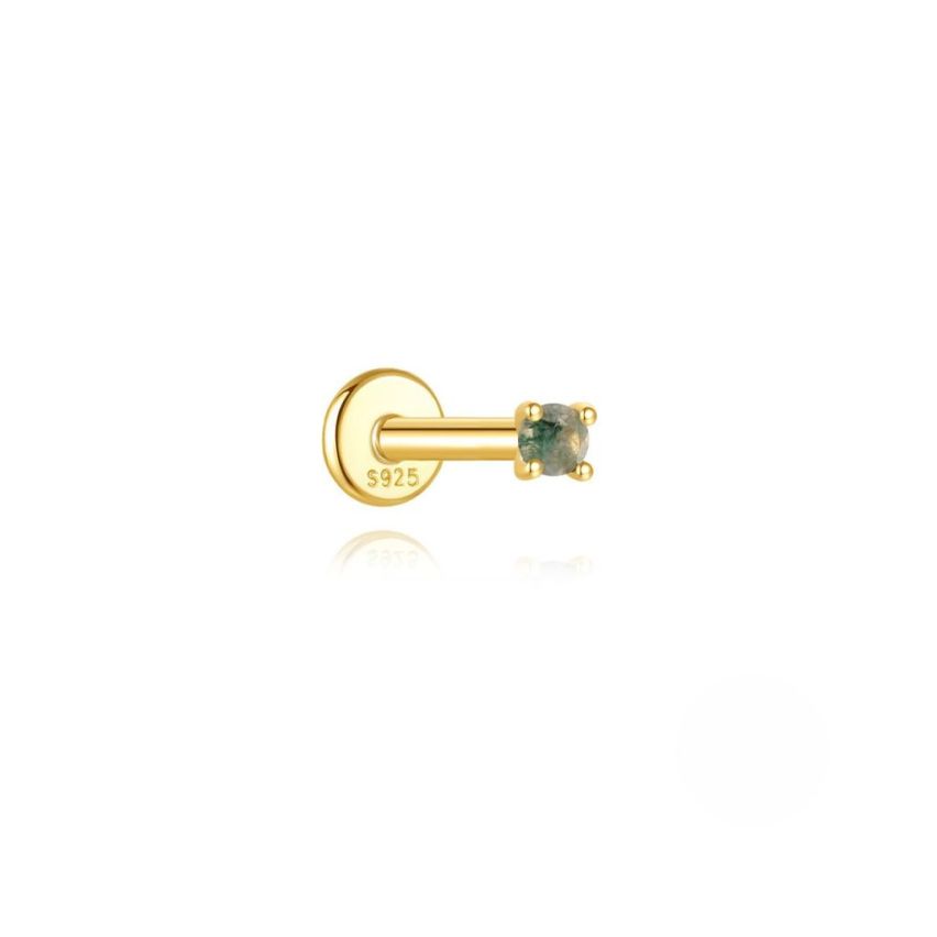 925 Silver New Gold Plating Olive green Agate Stud Earrings 0.27g