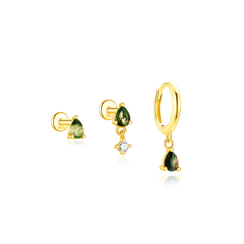 925 Silver New Gold Plating Olive green Zircon Sets Earrings 1.35g
