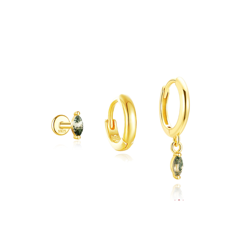 925 Silver New Gold Plating Olive green Zircon Sets Earrings 1.5g