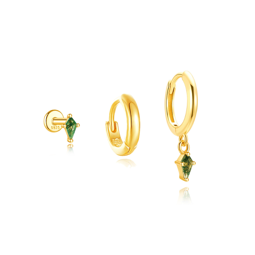 925 Silver New Gold Plating Olive green Zircon Sets Earrings 1.5g