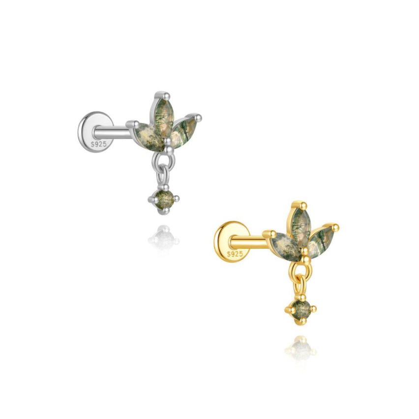 925 Silver New Olive green Agate Stud Earrings 0.67g