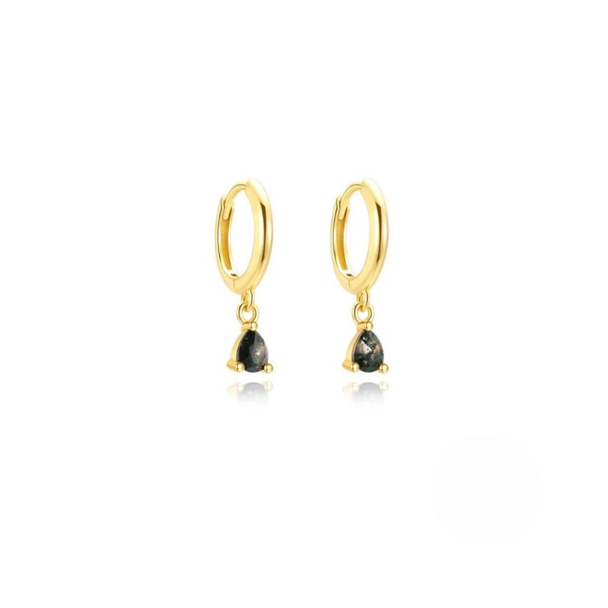 925 Silver New Gold Plating Black Agate Hoop Earrings 1.43g