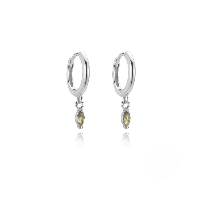 925 Silver New Rhodium Plating Olive green Agate Hoop Earrings 1.36g