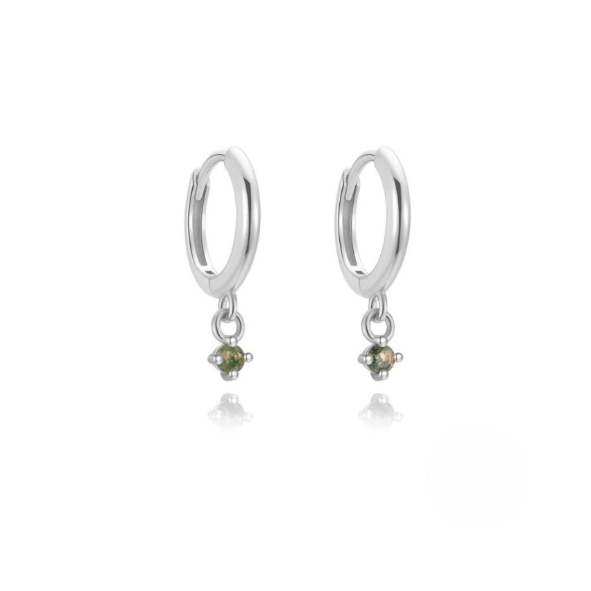 925 Silver New Rhodium Plating Olive green Agate Hoop Earrings 1.35g