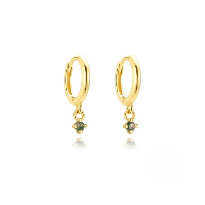 925 Silver New Gold Plating Olive green Agate Hoop Earrings 1.35g