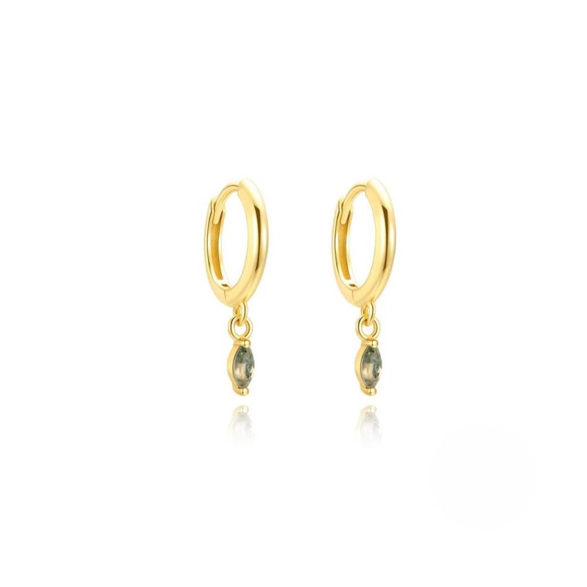 925 Silver New Gold Plating Olive green Agate Hoop Earrings 1.36g