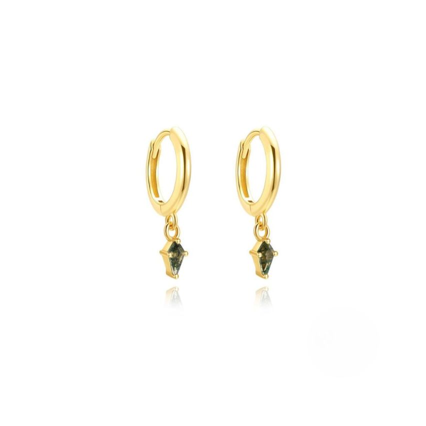 925 Silver New Gold Plating Olive green Agate Hoop Earrings 1.36g