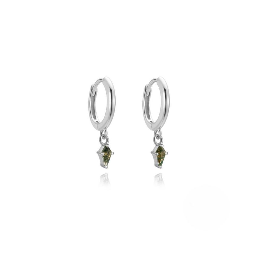 925 Silver New Rhodium Plating Olive green Agate Hoop Earrings 1.36g