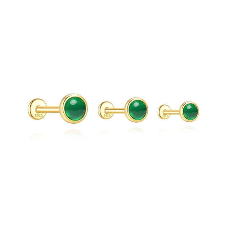 925 Silver New Set Gold Plating Green Natural Stone Stud Earrings