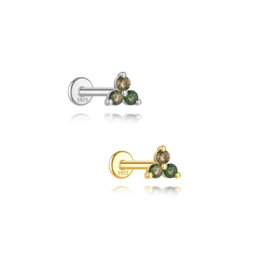 925 Silver New Olive green Agate Stud Earrings 0.36g