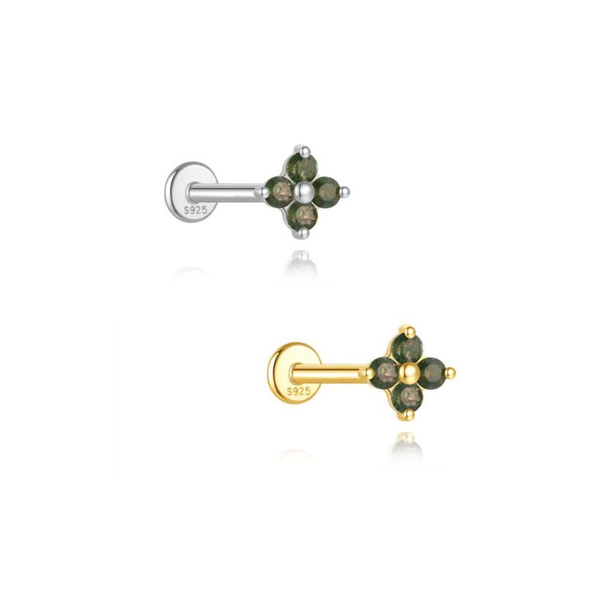 925 Silver New Olive green Agate Stud Earrings 0.43g