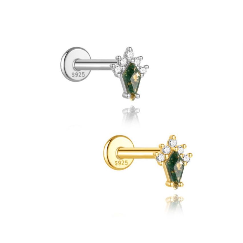 925 Silver New Olive green Agate Stud Earrings 0.34g