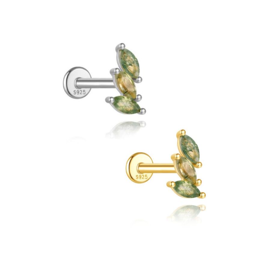 925 Silver New Olive green Agate Stud Earrings 0.49g