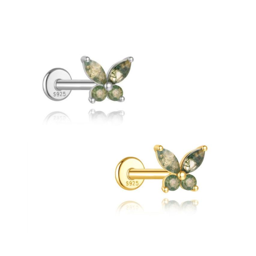 925 Silver New Olive green Agate Stud Earrings 0.48g