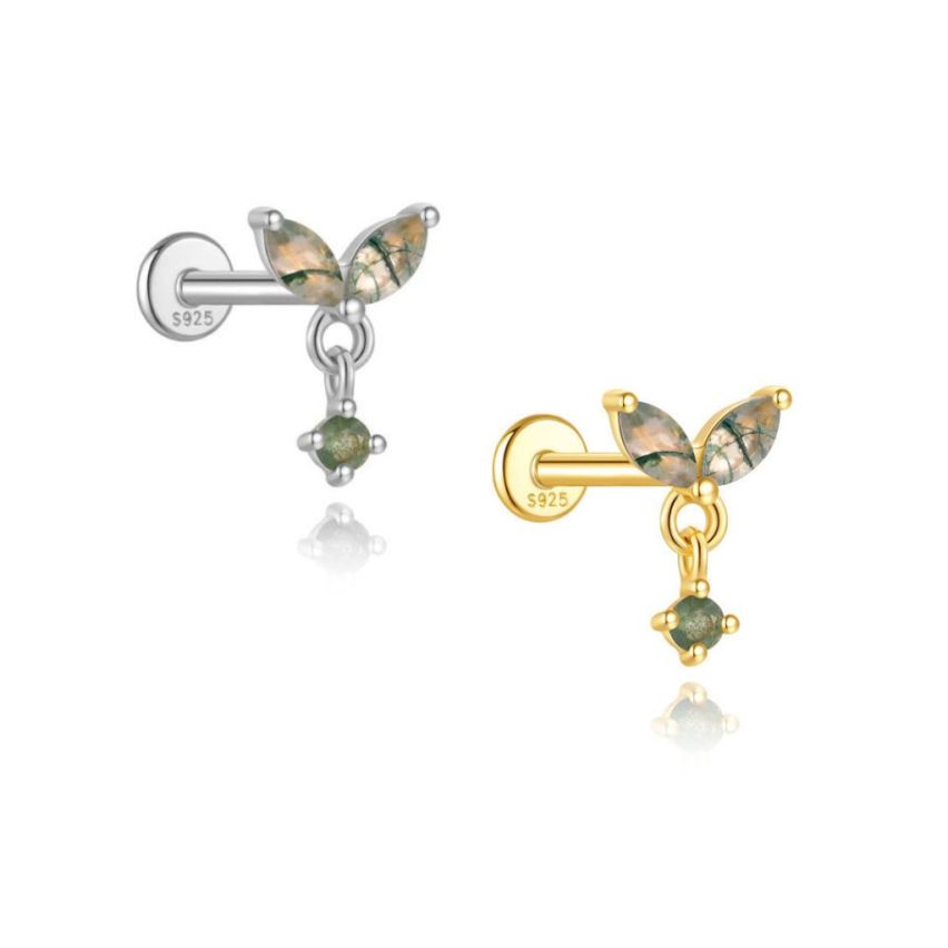 925 Silver New Olive green Agate Stud Earrings 0.48g