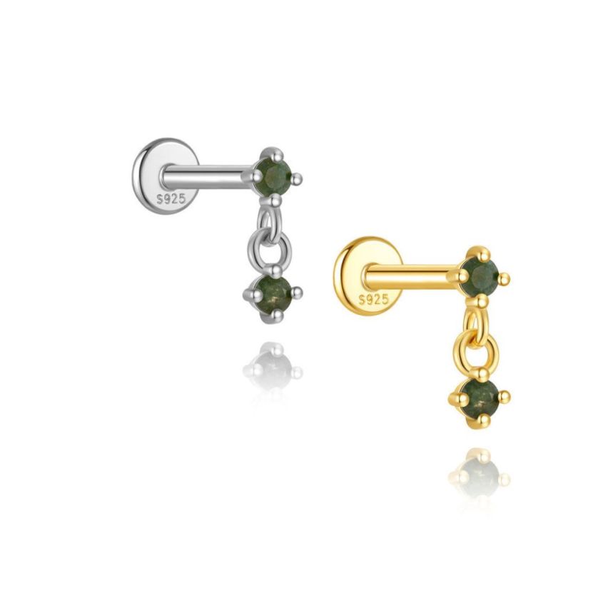 925 Silver New Olive green Agate Stud Earrings 0.39g