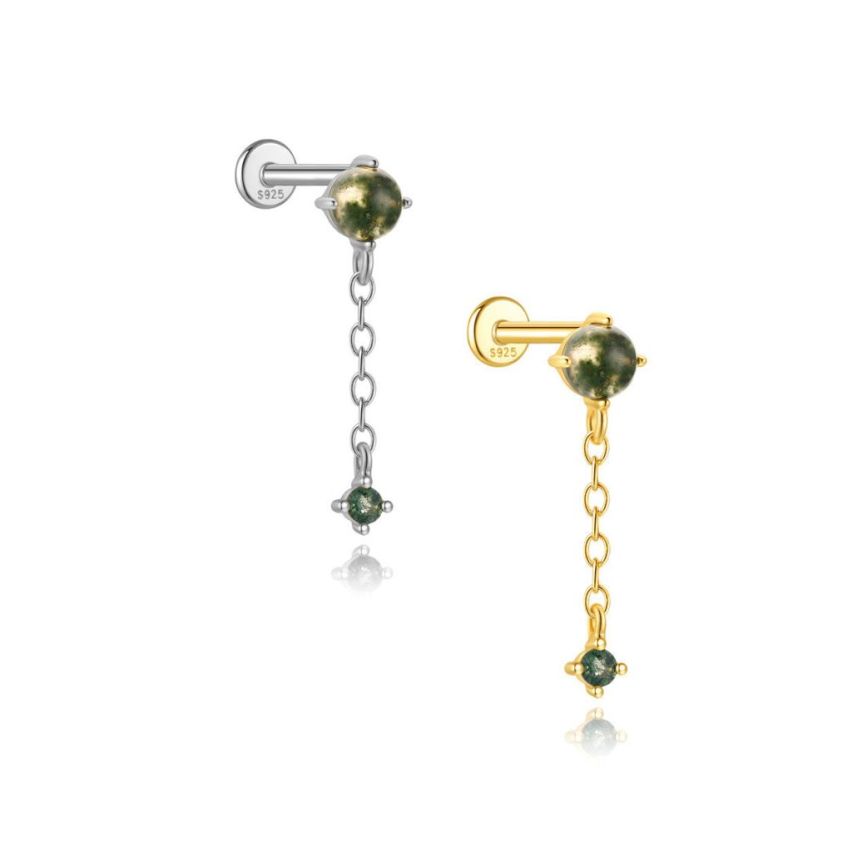 925 Silver New Olive green Agate Stud Earrings 0.6g