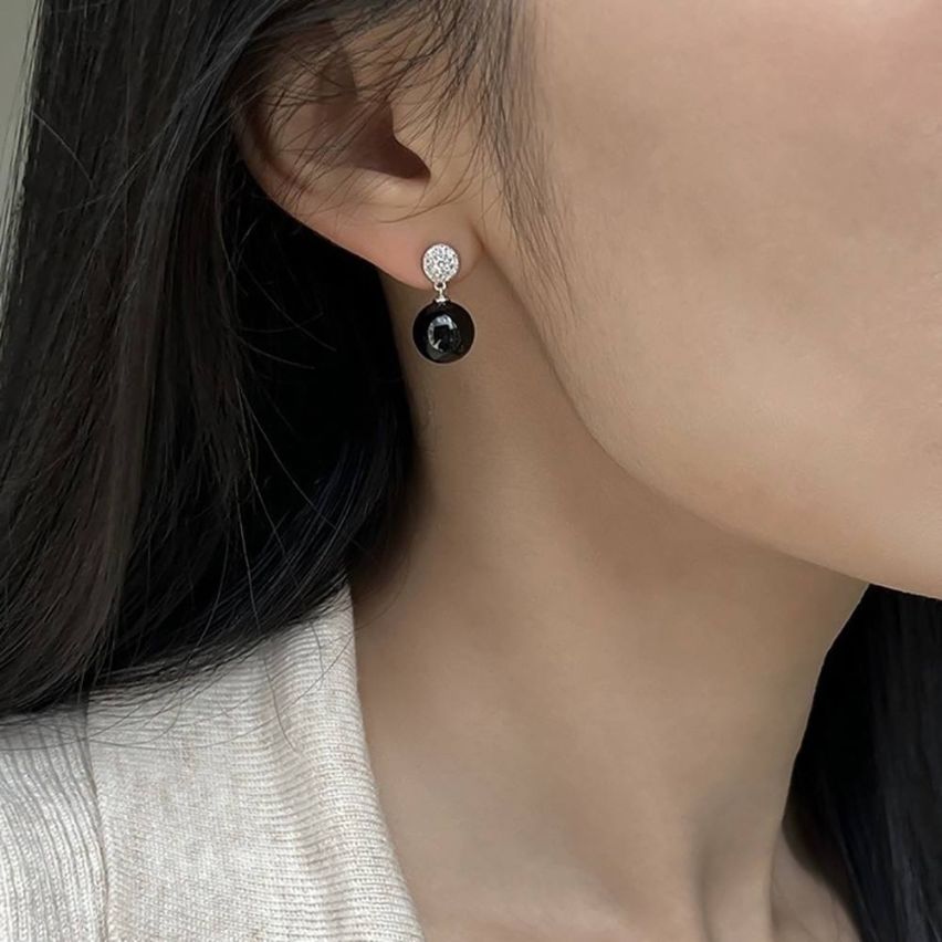 CLASSIC Rhodium Plating 925 Silver Onyx Smooth Earrings 