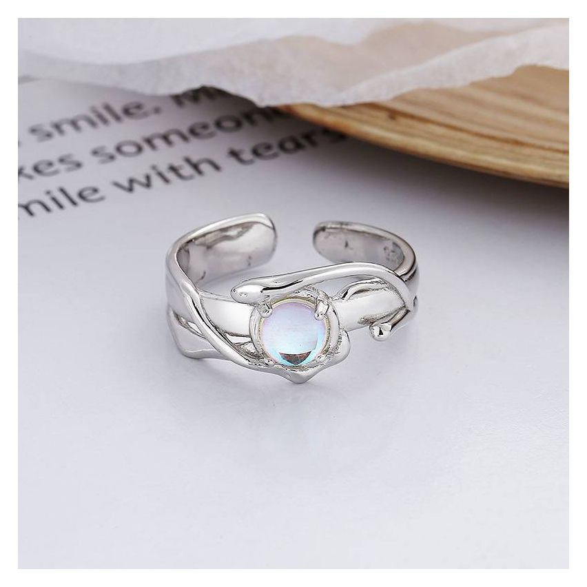 ESSENTIAL Rhodium Plating 925 Silver Moon Stone Geometric Rings