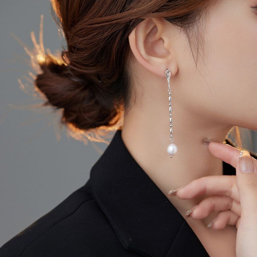 925 Silver Rhodium Plating Freshwater pearl Long Earrings