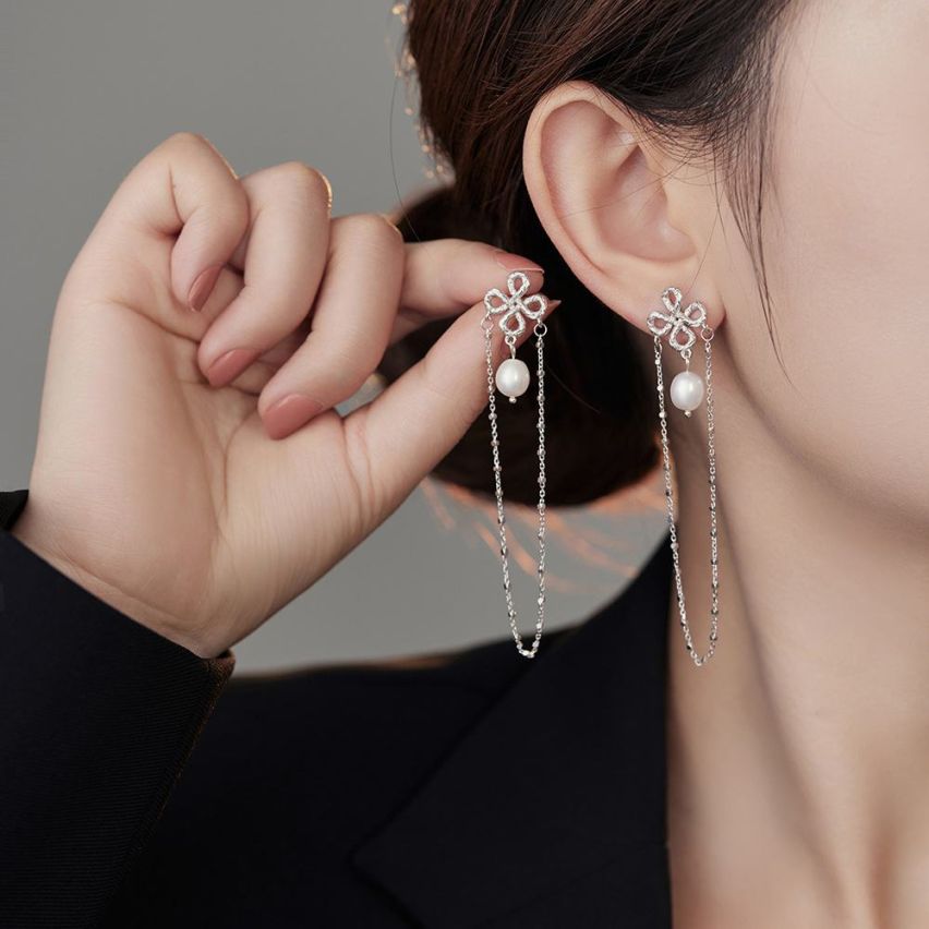 925 Silver Rhodium Plating Freshwater pearl Urban street Earrings