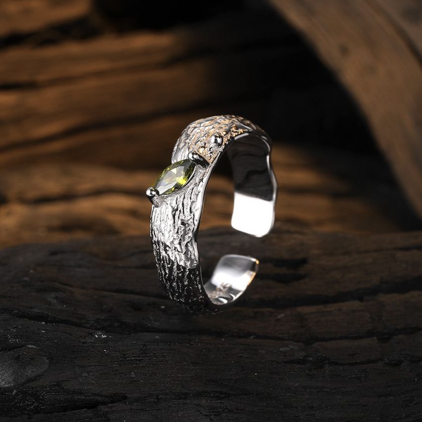 925 Silver Rhodium Plating Olivine Texture Rings