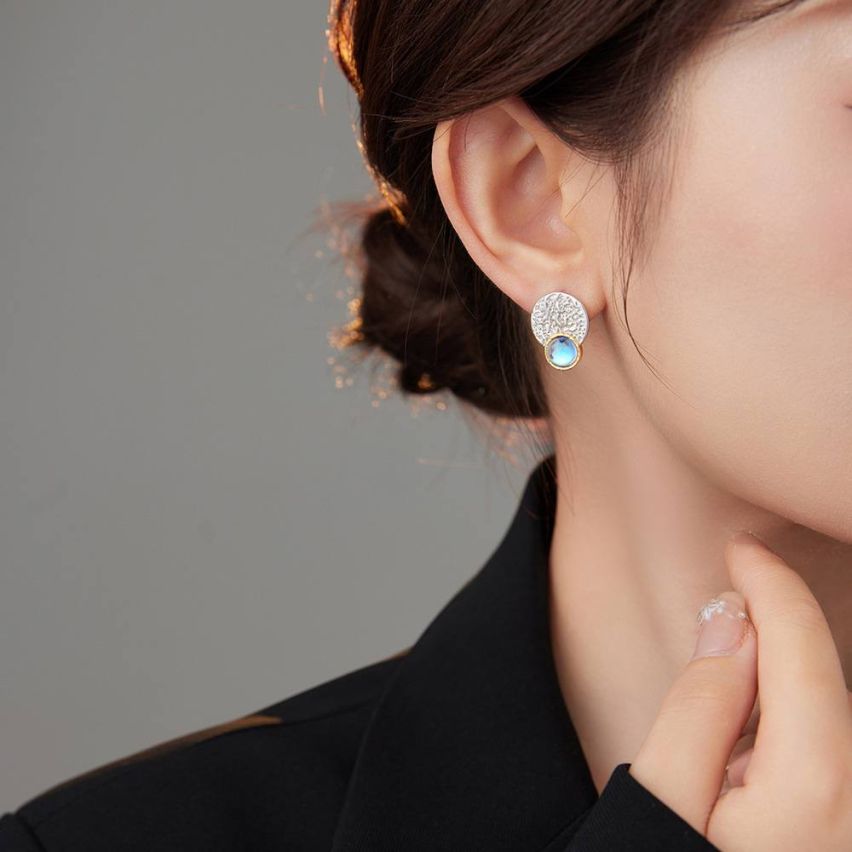 925 Silver Rhodium Plating Moon Stone Texture Earrings