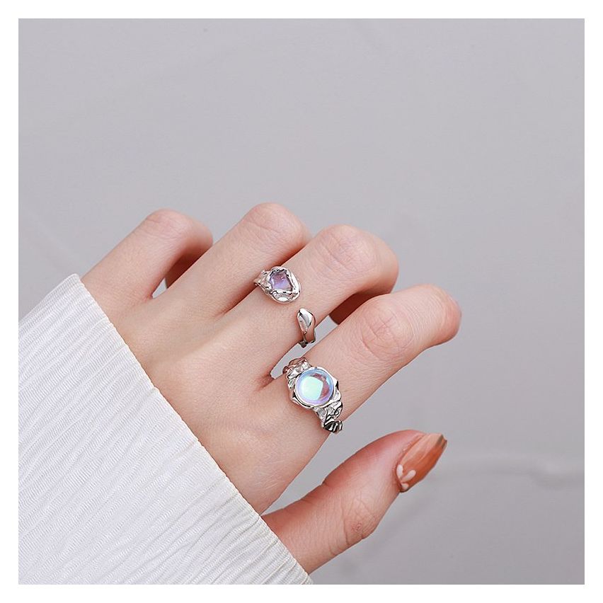 ESSENTIAL Rhodium Plating 925 Silver Moon Stone Texture Rings