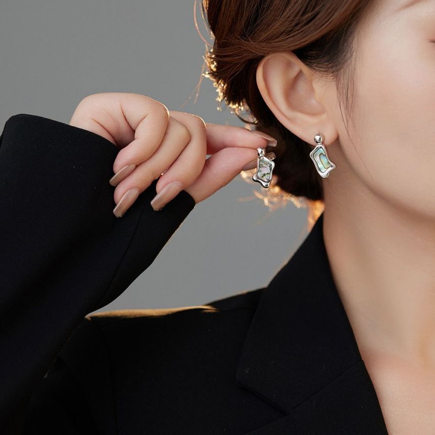 ESSENTIAL Rhodium Plating 925 Silver Mother of Pearl Geometric Earrings