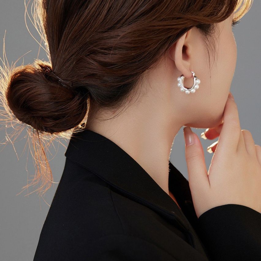 CLASSIC Rhodium Plating 925 Silver Freshwater pearl Pearls Earrings