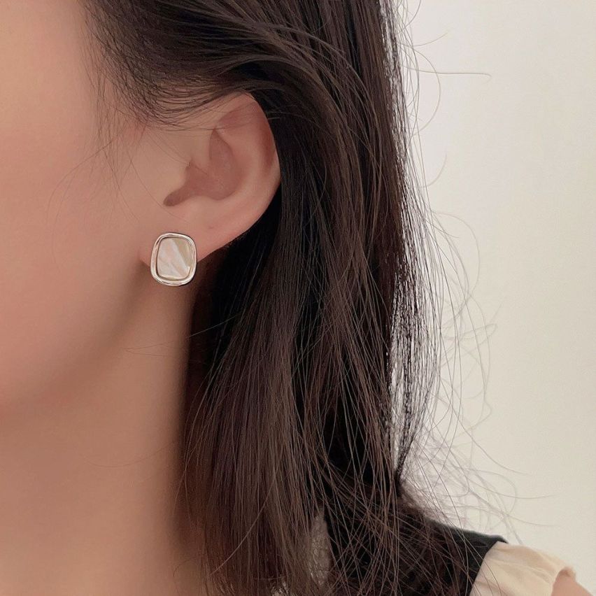 CLASSIC Rhodium Plating 925 Silver Mother of Pearl Geometric Earrings