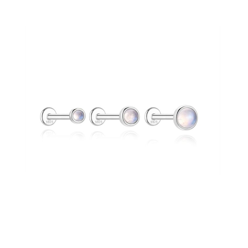 925 Silver New Set Rhodium Plating Moon Stone Stud Earrings 0.95g